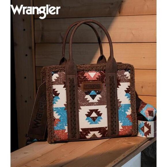Wrangler Sherpa Southwestern Aztec Small Canvas Tote Crossbody - Coffee, Blue - Picture 1 of 6